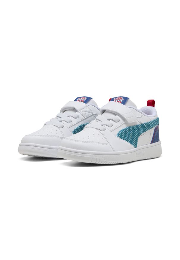 Puma - Dziecięce sneakersy Rebound V6 Low Run Fun PUMA White Tropical Blue Clyde Royal. Kolor: niebieski, wielokolorowy, biały. Sezon: lato. Sport: bieganie