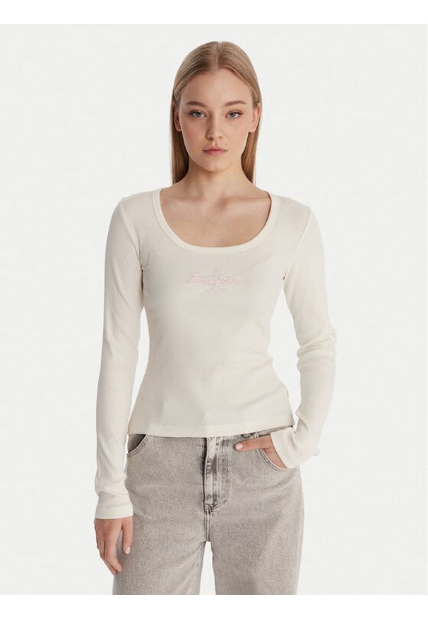 Guess Jeans Bluzka W6RP24 KA0H1 Écru Slim Fit. Materiał: bawełna