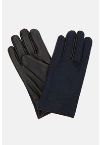 Lancerto - Rękawiczki Czarne Skórzane z Wełną w Granatową Jodełkę. Kolor: niebieski, wielokolorowy, czarny. Materiał: tkanina, wiskoza, skóra, wełna. Wzór: jodełka #1