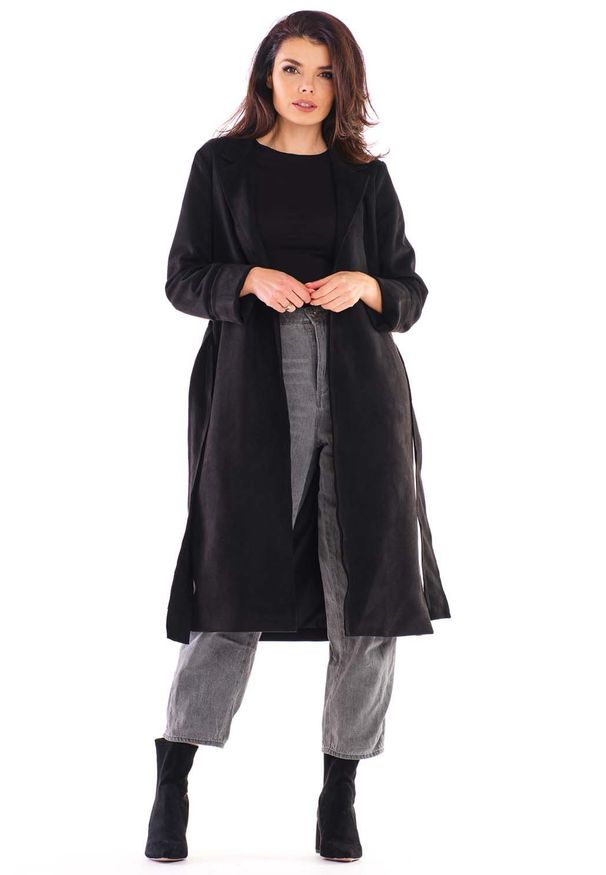 Awama - Szlafrokowy Płaszcz z Zamszu - Czarny. Kolor: czarny. Materiał: zamsz