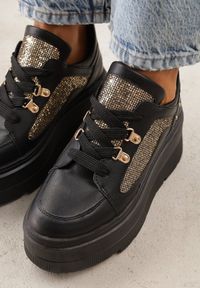 Renee - Czarne Sneakersy VICES na Koturnie z Brokatowymi Wstawkami Morinatea. Okazja: na co dzień. Kolor: czarny. Materiał: jeans. Wzór: aplikacja. Sezon: lato. Obcas: na koturnie #6