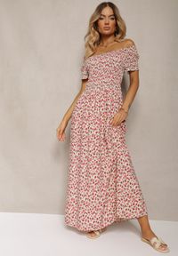 Renee - Różowo-Zielona Sukienka z Wiskozy Tariya. Typ kołnierza: dekolt hiszpanka. Kolor: różowy. Materiał: wiskoza. Wzór: aplikacja, gładki, kwiaty, nadruk. Styl: boho. Długość: maxi