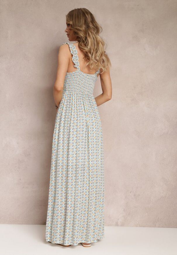 Renee - Niebiesko-Biała Rozkloszowana Sukienka Maxi z Ozdobnymi Ramiączkami i Głębokim Dekoltem z Wiskozy Jesa. Typ kołnierza: kołnierz z falbankami. Kolor: niebieski. Materiał: wiskoza. Długość rękawa: na ramiączkach. Wzór: nadruk, aplikacja, kwiaty. Długość: maxi