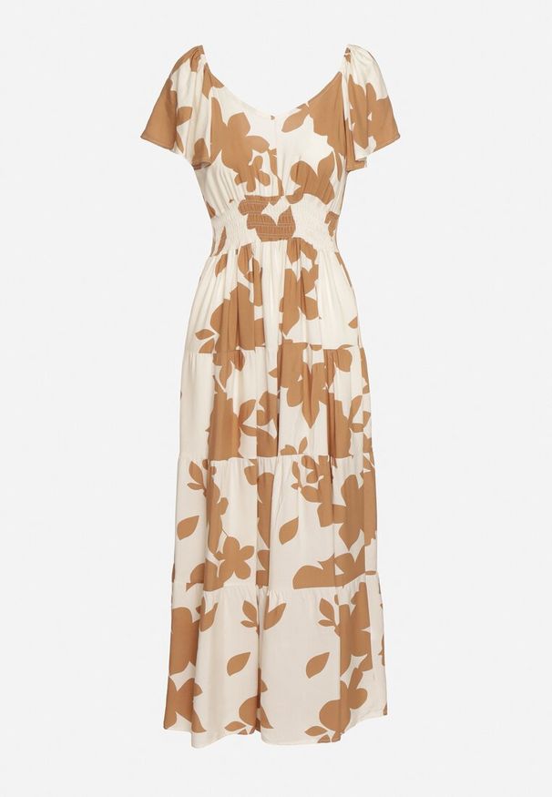 Born2be - Biało-Brązowa Wiskozowa Sukienka Rozkloszowana z Gumką w Talii Nansalinne. Okazja: na co dzień, na randkę. Typ kołnierza: dekolt w kształcie V. Kolor: biały. Materiał: wiskoza. Sezon: lato. Typ sukienki: rozkloszowane. Styl: klasyczny, casual