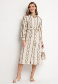 Born2be - Beżowa Koszulowa Sukienka z Wiskozy z Wiązanym Paskiem Zdobiona Haftem Rallisia. Okazja: na co dzień. Kolor: beżowy. Materiał: wiskoza. Wzór: haft, aplikacja. Typ sukienki: koszulowe. Styl: klasyczny, casual, elegancki #1