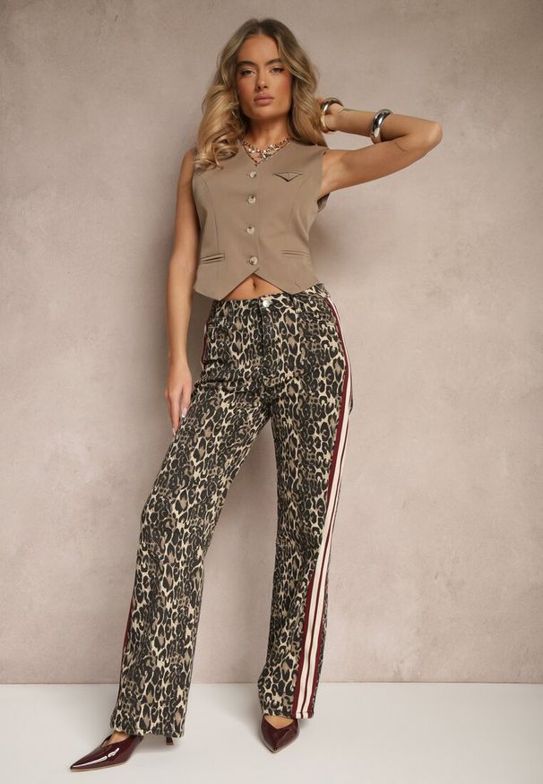 Renee - Beżowo-Brązowe Szerokie Bawełniane Jeansy z Lampasami Anilora. Okazja: na co dzień. Kolor: brązowy. Wzór: motyw zwierzęcy. Styl: glamour, casual, klasyczny