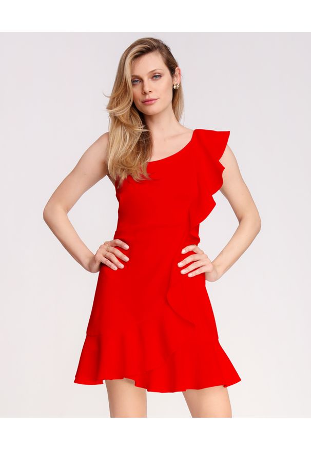 LA MANIA - Czerwona sukienka Janet. Kolor: czerwony. Materiał: materiał. Wzór: aplikacja. Typ sukienki: dopasowane, rozkloszowane. Długość: mini