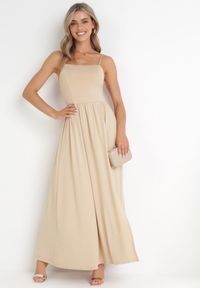 Born2be - Beżowa Sukienka Maxi na Ramiączkach z Rozcięciem na Dole i Kwadratowym Dekoltem Jacklyn. Typ kołnierza: dekolt kwadratowy. Kolor: beżowy. Długość rękawa: na ramiączkach. Sezon: wiosna, lato. Długość: maxi #3