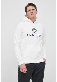 GANT - Gant Bluza męska kolor biały z kapturem z aplikacją. Okazja: na co dzień. Typ kołnierza: kaptur. Kolor: biały. Materiał: dzianina. Długość rękawa: raglanowy rękaw. Wzór: aplikacja. Styl: casual
