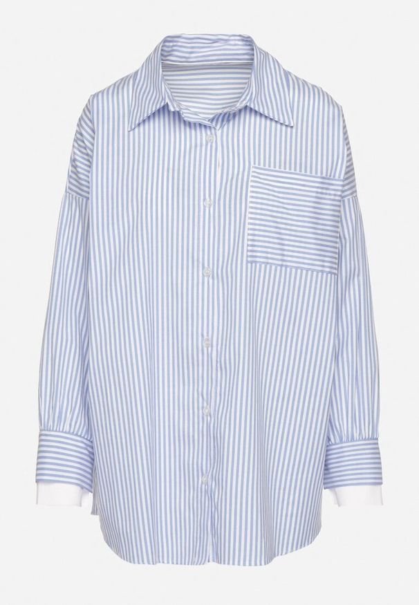 Born2be - Niebieska Koszula Bawełniana w Paski z Kieszonką Nolbia. Okazja: na co dzień. Typ kołnierza: kołnierzyk klasyczny. Kolor: niebieski. Materiał: bawełna. Długość rękawa: długi rękaw. Długość: długie. Wzór: paski. Styl: elegancki, casual, klasyczny