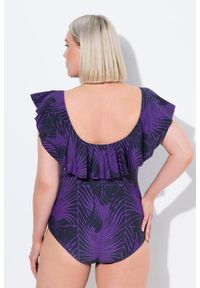 ULLA POPKEN - Damski Kostium kąpielowy wzór skóra węża miękkie miseczki falbana z recyklingu. Kolekcja: plus size. Kolor: fioletowy. Materiał: elastan, poliamid, materiał