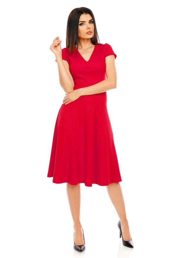 Nommo - Czerwona Elegancka Rozkloszowana Sukienka z Mini Rękawkiem. Kolor: czerwony. Materiał: poliester, wiskoza. Długość rękawa: krótki rękaw. Styl: elegancki. Długość: mini