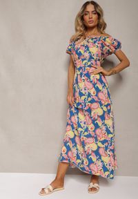 Renee - Niebiesko-Różowa Sukienka z Bawełny z Gumką w Talii Baletta. Kolor: niebieski. Materiał: bawełna. Sezon: lato #5