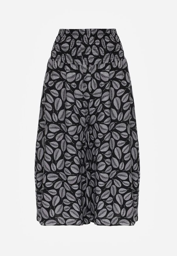 Renee - Czarne Bawełniane Spodnie z Szerokimi Nogawkami 7/8 i Gumką w Pasie Elenthe. Kolor: czarny. Materiał: bawełna. Wzór: aplikacja