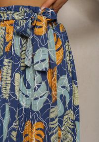 Renee - Niebiesko-Żółte Spodnie Szwedy z Bawełną High Waist Wykończone Gumką w Talii Pasefia. Okazja: na co dzień, do pracy. Stan: podwyższony. Kolor: niebieski. Materiał: bawełna. Styl: elegancki, casual #3