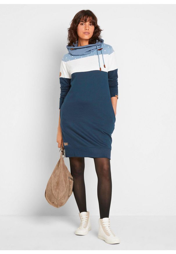 bonprix - Sukienka dresowa z dużym kołnierzem. Kolor: niebieski. Materiał: dresówka