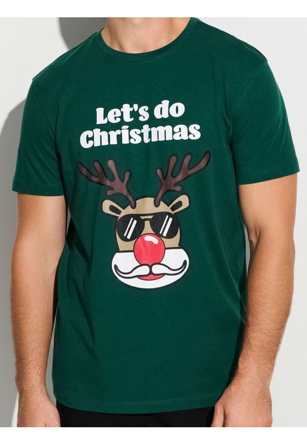 Sinsay - Bawełniana koszulka z nadrukiem świątecznym - zielony. Kolor: zielony. Materiał: bawełna. Wzór: nadruk. Styl: wizytowy