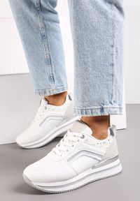 Renee - Białe Sneakersy z Ekoskóry z Brokatowymi Wstawkami i Sznurowaniem Jelise. Kolor: biały #2