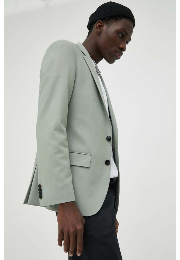 Hugo - HUGO marynarka z domieszką wełny kolor zielony. Kolor: zielony. Materiał: wełna. Wzór: aplikacja. Styl: klasyczny