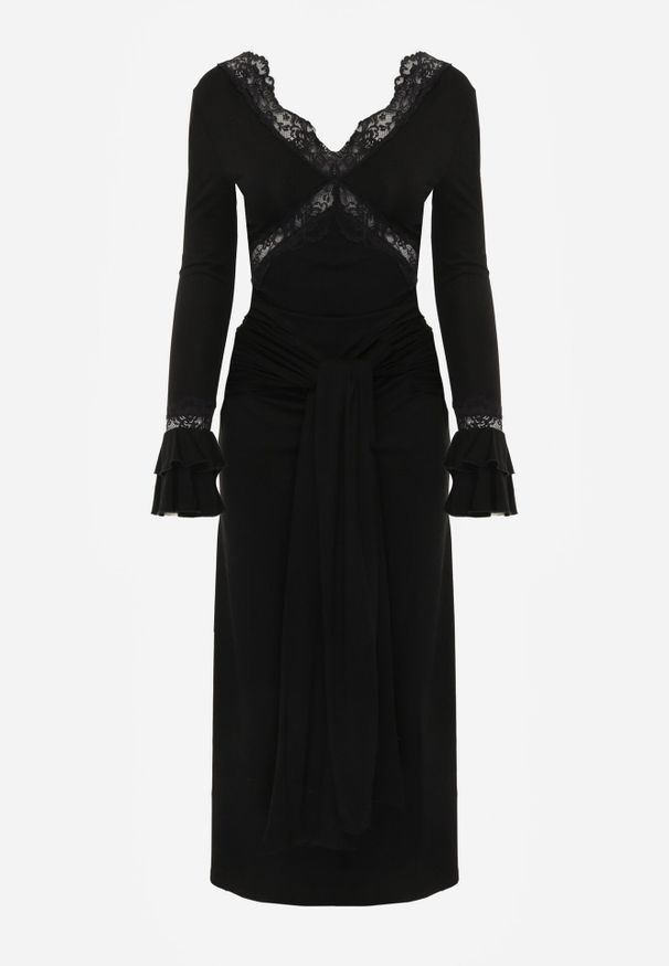 Born2be - Czarna Koktajlowa Sukienka z Wiskozy Zdobiona Falbanami Koronką i Wiązaniem Felycia. Okazja: na komunię, na wesele, na ślub cywilny. Kolor: czarny. Materiał: wiskoza, koronka. Wzór: aplikacja, koronka. Styl: wizytowy