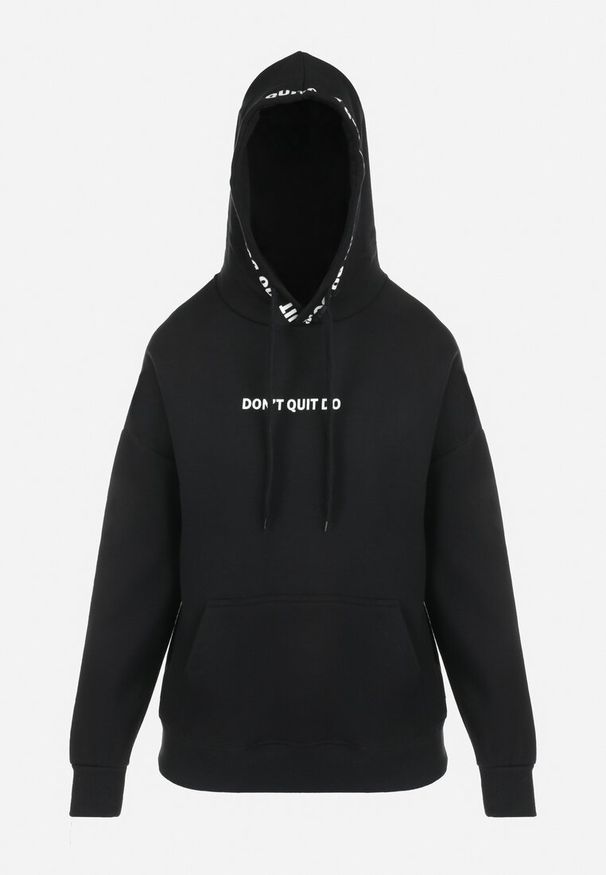 Born2be - Czarna Bluza z Kapturem Ruzha. Typ kołnierza: kaptur. Kolor: czarny. Materiał: bawełna, tkanina, polar. Wzór: nadruk. Styl: elegancki