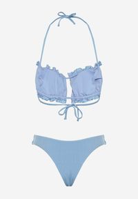 Renee - Jasnoniebieskie Bikini Majtki Figi Biustonosz z Wiązaniem Ozdobiony Marszczeniem Folinira. Kolor: niebieski. Wzór: aplikacja