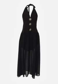 Born2be - Czarna Sukienka z Wiązanym Dekoltem Typu Halter i Biżuteryjnymi Guzikami Raena. Okazja: na co dzień. Typ kołnierza: dekolt halter. Kolor: czarny. Typ sukienki: proste. Styl: casual. Długość: midi #3