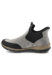 Szare Botki Rieker Wsuwane Obuwie Damskie. Okazja: na co dzień. Zapięcie: bez zapięcia. Kolor: szary. Materiał: jeans, materiał. Styl: casual, sportowy, elegancki