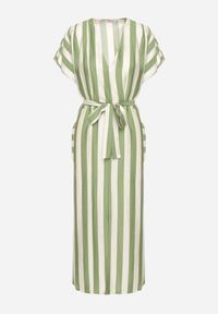 Born2be - Zielona Sukienka z Wiskozą i Paskiem w Paski Nerire. Okazja: na co dzień. Kolor: zielony. Materiał: wiskoza. Wzór: paski. Styl: casual, elegancki, klasyczny #4