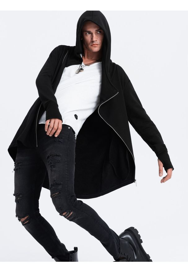 Ombre Clothing - Asymetryczna bluza męska z obszernym kapturem NANTES - czarna - Rozmiar: S. Kolor: czarny. Materiał: bawełna, poliester