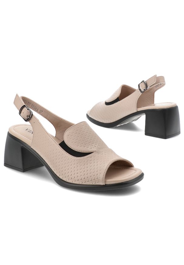 Sandały damskie Vinceza, cholewka ze skóry naturalnej licowej odkryty przód elegancki fason stabilny obcas, beżowe, 66920. Kolor: beżowy. Materiał: skóra. Obcas: na obcasie. Styl: elegancki. Wysokość obcasa: średni