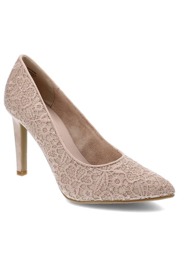Różowe Czółenka Marco Tozzi Eleganckie Buty Na Obcasie. Okazja: na spacer. Zapięcie: bez zapięcia. Kolor: różowy. Szerokość cholewki: normalna. Wzór: aplikacja. Materiał: koronka, materiał. Obcas: na obcasie. Styl: elegancki. Wysokość obcasa: średni