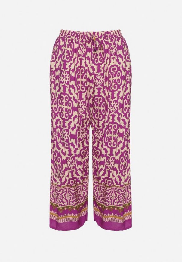 Born2be - Fioletowe Bawełniane Spodnie Kuloty z Wysokim Stanem w Etniczny Wzór Lisotria. Okazja: na co dzień. Stan: podwyższony. Kolor: fioletowy. Materiał: bawełna. Sezon: wiosna, lato. Styl: casual