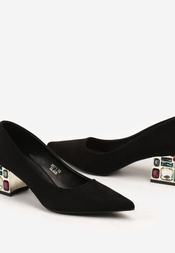 Renee - Czarne Szpiczaste Czółenka na Kwadratowym Obcasie z Imitacją Diamentów Lerisetta. Nosek buta: szpiczasty. Kolor: czarny. Obcas: na obcasie. Styl: elegancki, glamour. Wysokość obcasa: średni