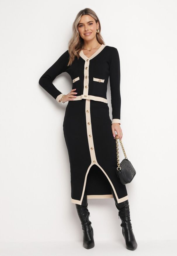 Born2be - Czarny 3-Częściowy Komplet Ozdobiony Napami z Kieszeniami Bluzka bez Rękawów Spódnica z Rozcięciem Kardigan Violel. Kolor: czarny. Wzór: aplikacja