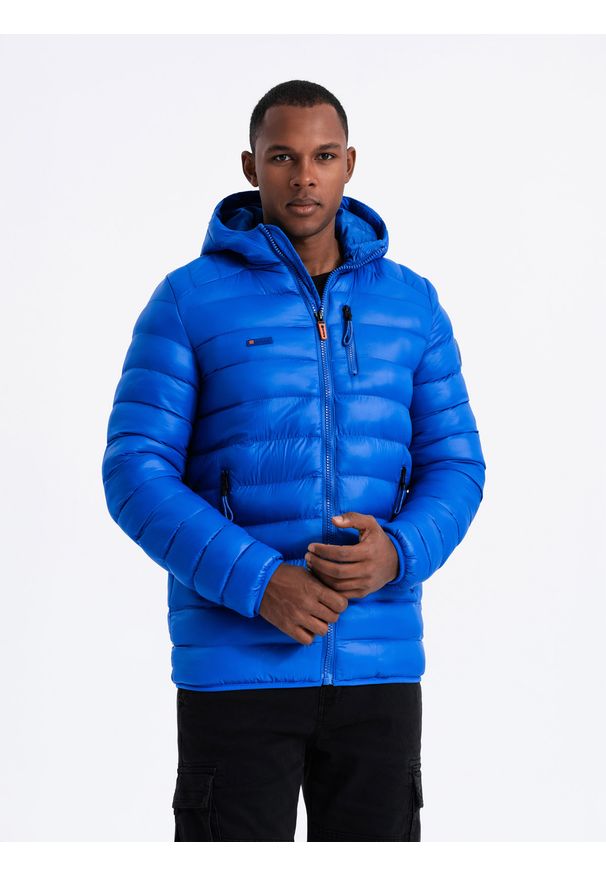 Ombre Clothing - Kurtka męska pikowana z kapturem - niebieska V1 - Rozmiar: S. Typ kołnierza: kaptur. Kolor: niebieski. Materiał: nylon, poliester. Wzór: nadruk