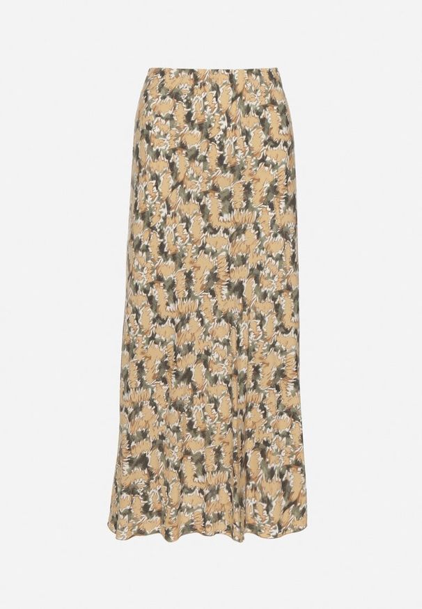 Born2be - Zielono-Beżowa Wiskozowa Spódnica o Rozkloszowanym z Wysokim Stanem Fevenore. Okazja: na co dzień. Stan: podwyższony. Kolor: zielony. Materiał: wiskoza. Styl: elegancki, casual