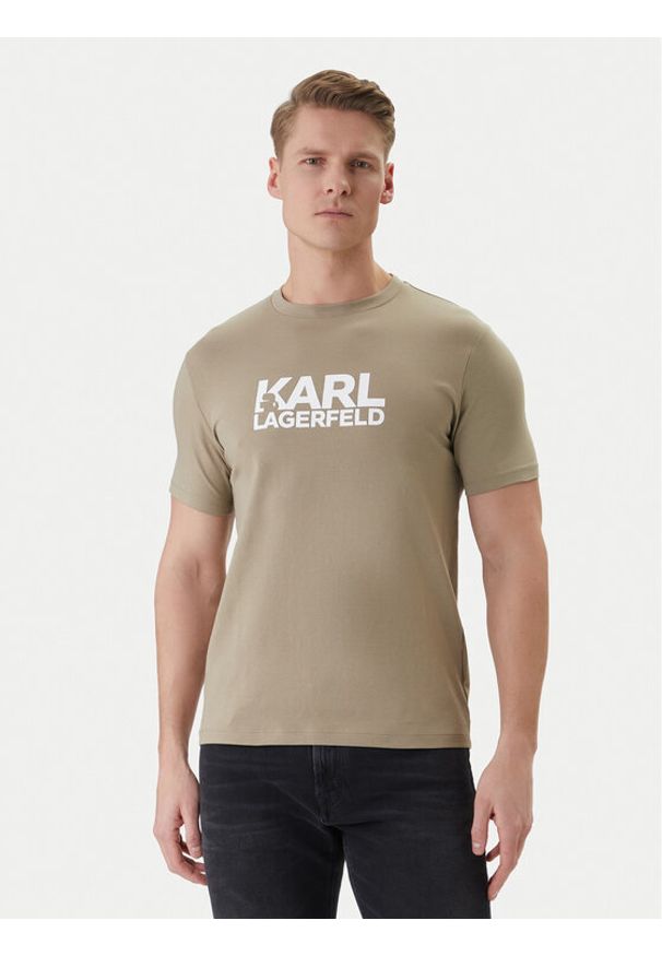 Karl Lagerfeld - KARL LAGERFELD T-Shirt 755780 562235 Khaki Regular Fit. Typ kołnierza: dekolt w karo. Kolor: brązowy. Materiał: bawełna