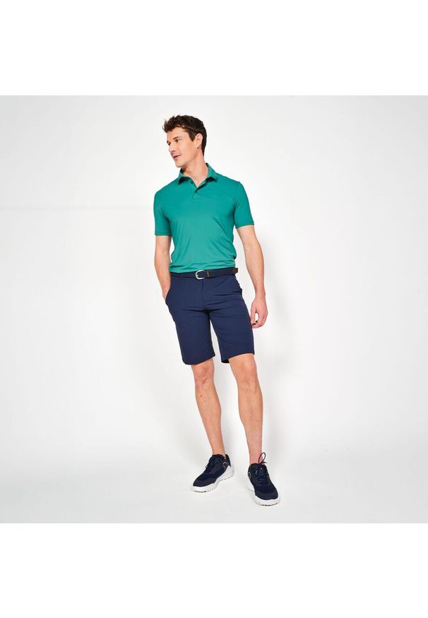 INESIS - Koszulka polo do golfa z krótkim rękawem męska Inesis WW900. Typ kołnierza: golf, polo. Kolor: zielony. Materiał: materiał, poliamid, elastan. Długość rękawa: krótki rękaw. Długość: krótkie