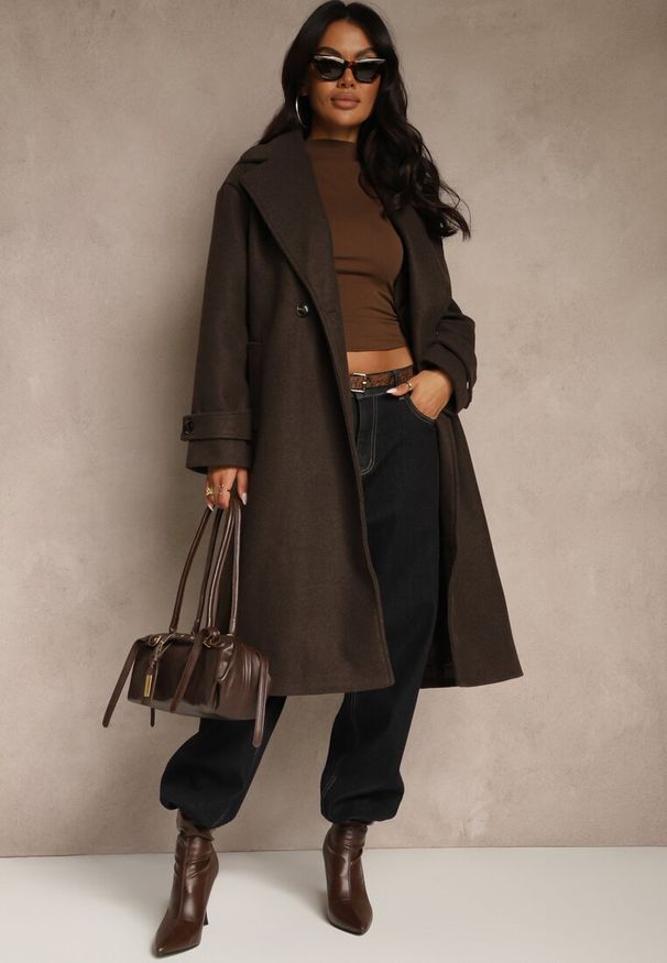 Renee - Brązowy Elegancki Płaszcz z Wełny i Wiskozy o Dwurzędowym Kroju Oversize Tilisana. Kolor: brązowy. Materiał: wiskoza, wełna. Styl: elegancki
