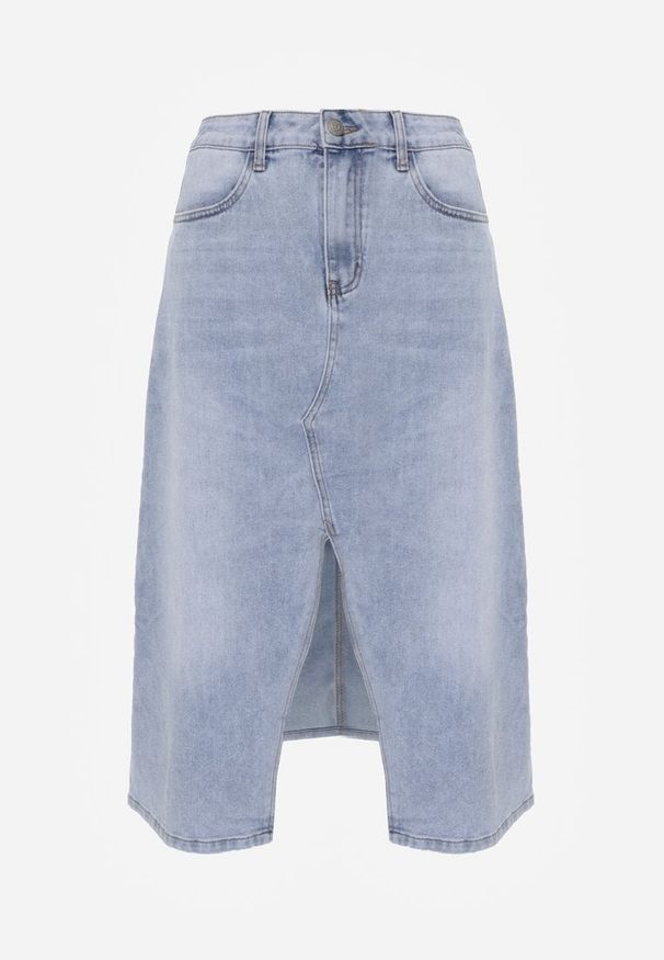 Renee - Niebieska Spódnica Jeansowa z Bawełną High Waist i Rozcięciem na Nogę Cinadessa. Okazja: na spacer, na co dzień. Stan: podwyższony. Kolor: niebieski. Materiał: bawełna, jeans. Styl: casual