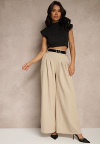 Renee - Beżowe Eleganckie Szerokie Spodnie Garniturowe z Wiskozą Ozdobione Paskiem Ravinae. Kolor: beżowy. Materiał: wiskoza. Wzór: aplikacja. Styl: elegancki #2
