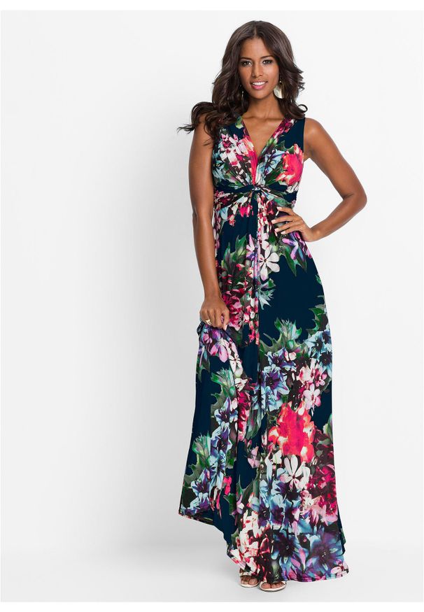 bonprix - Długa sukienka letnia. Kolor: niebieski. Wzór: nadruk, aplikacja, kwiaty. Sezon: lato. Długość: maxi