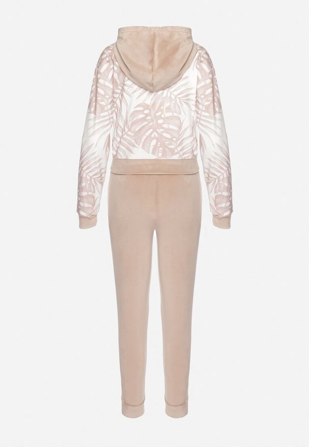 Born2be - Ciemnobeżowy Komplet Dresowy z Weluru Bluza z Kapturem z Ozdobnym Wzorem i Spodnie Grouvia. Kolor: beżowy. Materiał: welur, dresówka