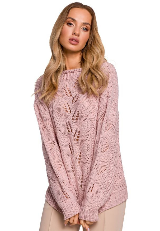 MOE - Sweter Oversize z Ażurowym Wzorem - Pudrowy. Materiał: poliamid, akryl. Wzór: ażurowy