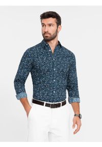Ombre Clothing - Męska koszula bawełniana we wzory SLIM FIT - ciemnoniebieska V1. Kolor: niebieski. Materiał: bawełna. Styl: klasyczny #1