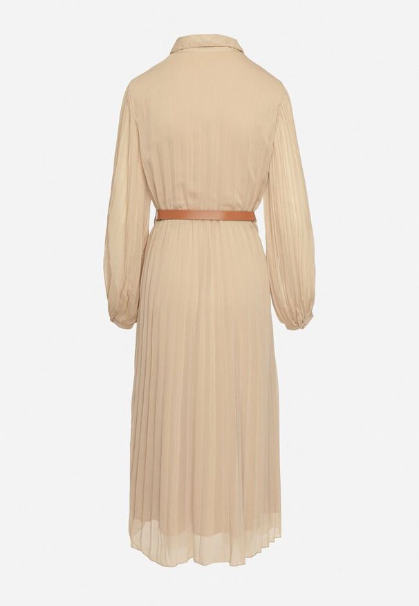 Born2be - Beżowa Plisowana Sukienka o Koszulowym Kroju z Dodatkowym Paskiem Mialessa. Okazja: na co dzień. Kolor: beżowy. Materiał: materiał. Typ sukienki: koszulowe. Styl: casual, klasyczny, elegancki