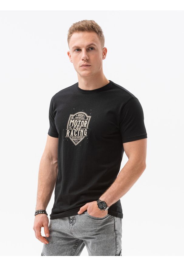 Ombre Clothing - T-shirt męski z nadrukiem S1434 V-25A - czarny - XXL. Kolor: czarny. Materiał: bawełna. Wzór: nadruk. Styl: klasyczny