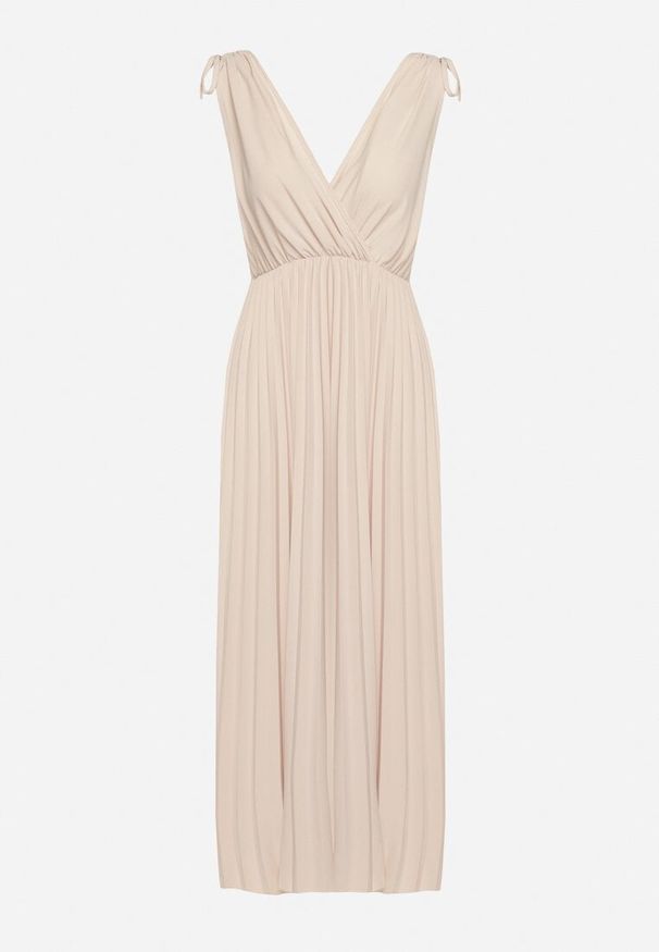 Born2be - Beżowa Plisowana Sukienka z Bawełną i Wiskozą o Rozkloszowanym Kroju z Gumką w Talii Xefia. Okazja: na co dzień, na spotkanie biznesowe. Kolor: beżowy. Materiał: bawełna, wiskoza. Sezon: wiosna, lato. Styl: biznesowy, casual, klasyczny