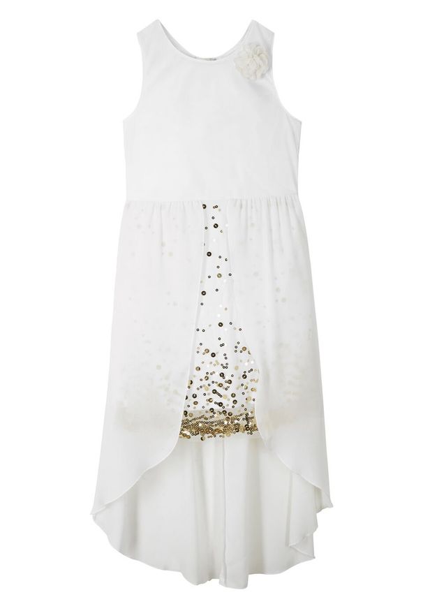 Sukienka dziewczęca z tiulową wstawką, na uroczyste okazje bonprix biel wełny - złoty. Kolor: biały. Materiał: tiul, wełna. Wzór: aplikacja